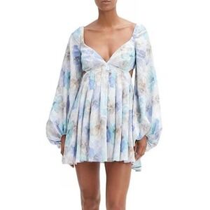 Bardot Jovie Babydoll Dress Womens 12 Baby Blue Floral Cut Out Back Puff Sleeve